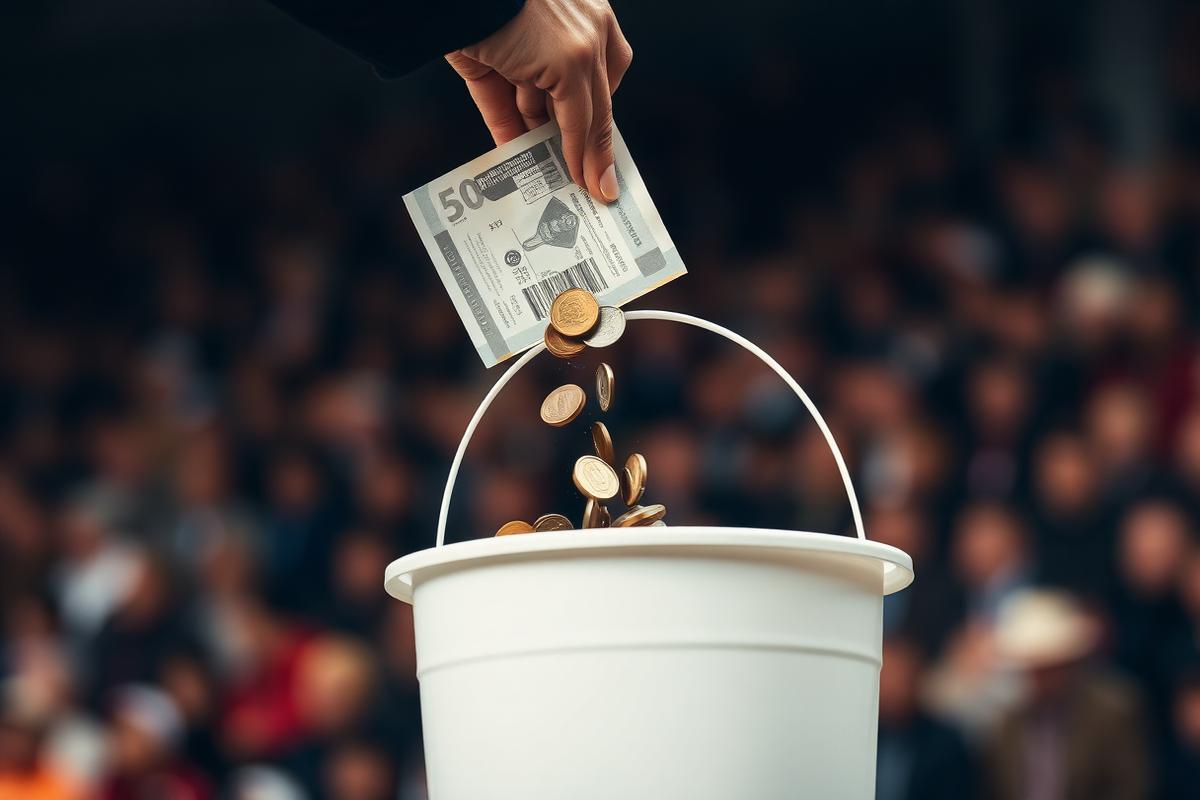A donation dropped into a charity collection bucket